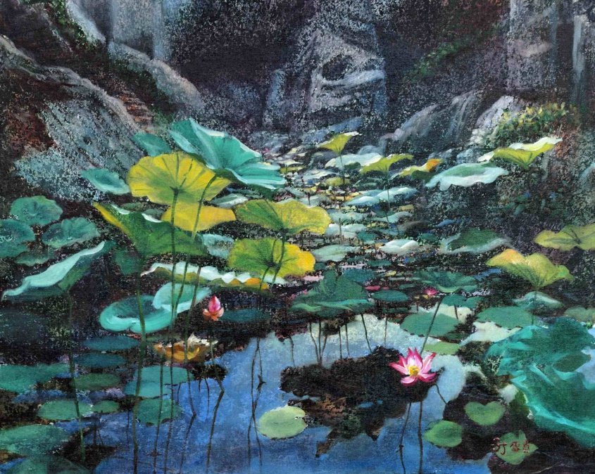 O026 蔡雪貞---山腳下的荷塘 油畫 61x76.2cm