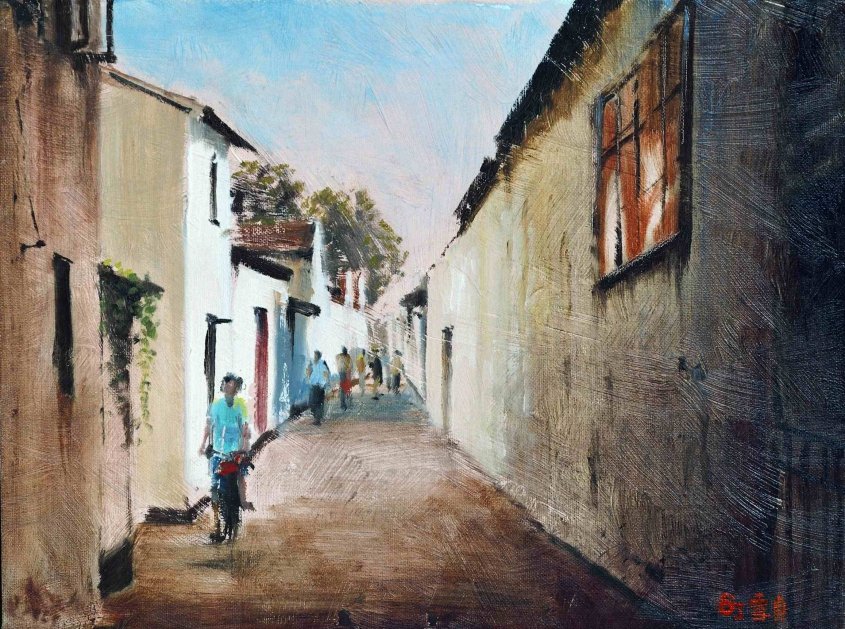 O089 蔡雪貞---巷裡春秋 油畫 35x462cm